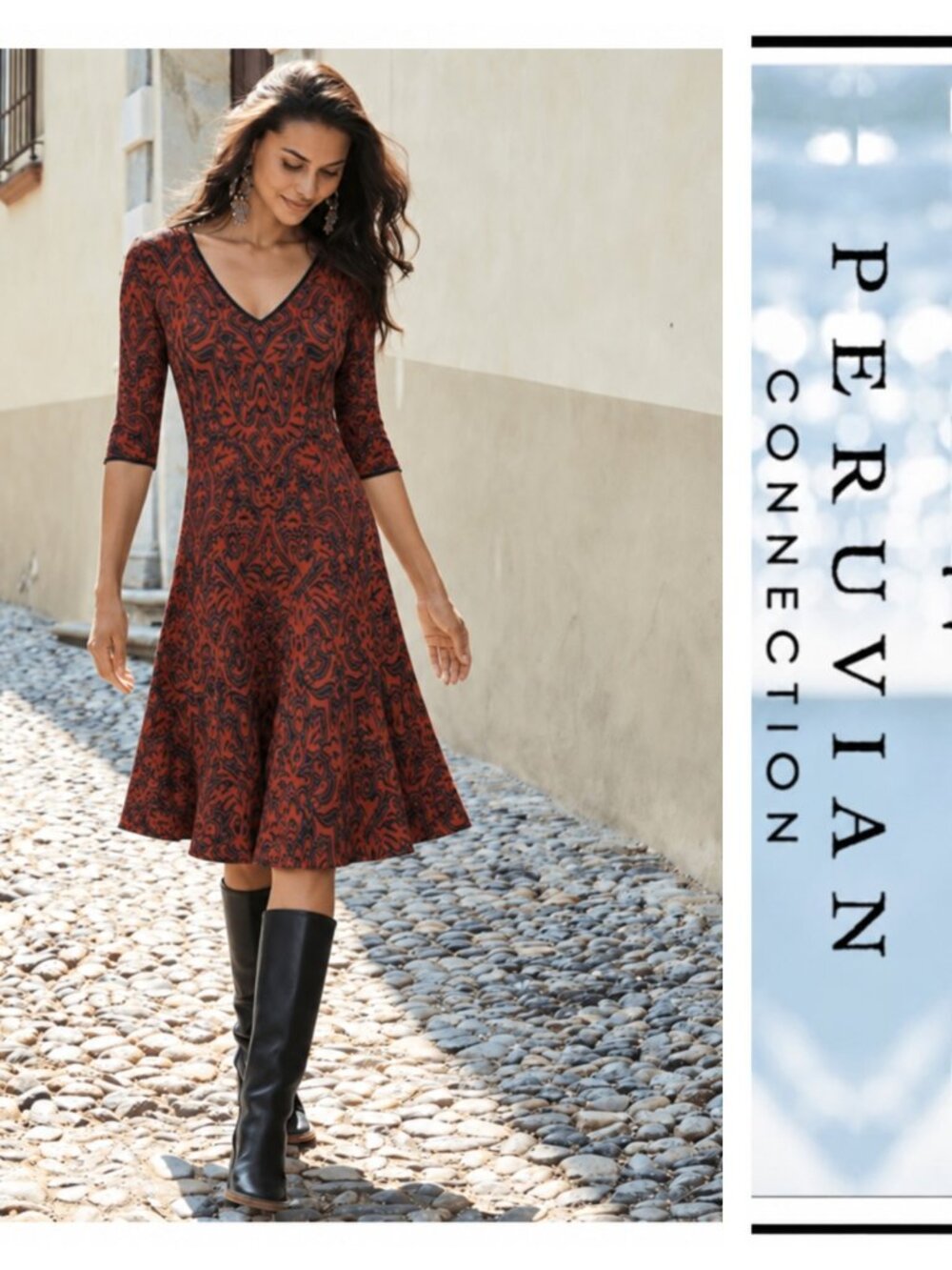 Peruvian Connection Talia 100% Pima Cotton Short Sleeve V Neck Midi Dress L NEW